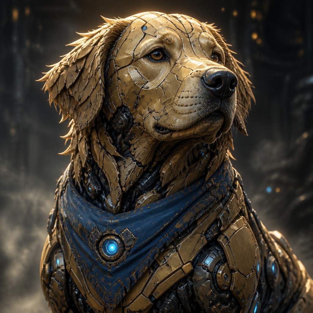 portrait of a golden retriever wearing a blue bandana, warm plain backdrop, no text — Mecha Sci-Fi Art pet portrait