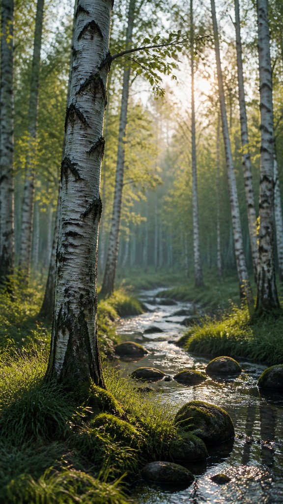 a serene birch forest in soft morning light, no people, no text — Digital Realism Art Style wall art print