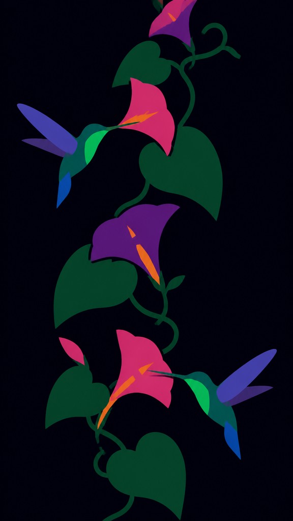a climbing vine of flowers and hummingbirds on a dark background, tall wrapping composition, no text — Color Field Minimalism Art Style phone case design