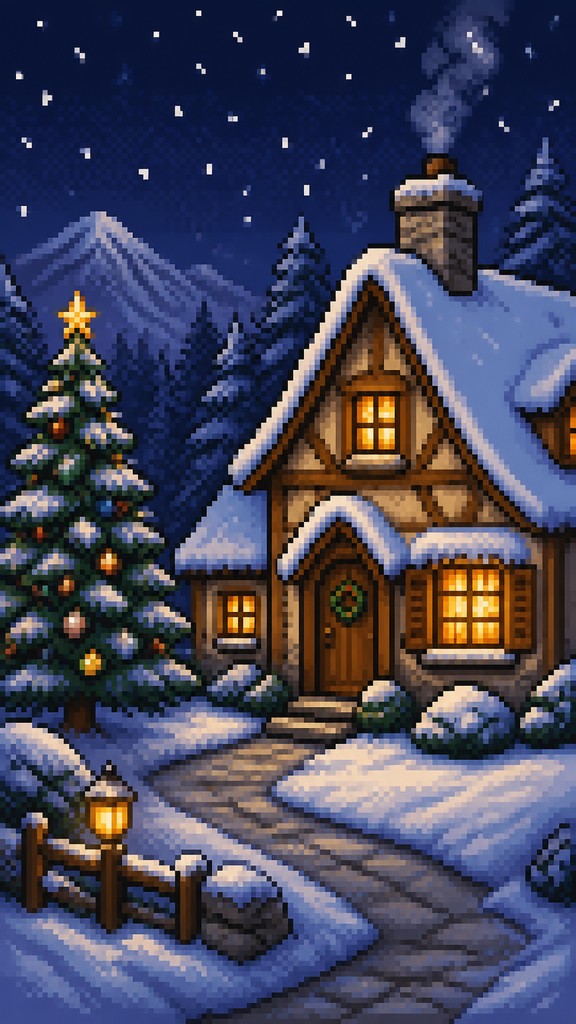 a snow-covered cottage with warm glowing windows beside a decorated pine tree, gentle snowfall, no text — 16-Bit Pixel Art Style Christmas card