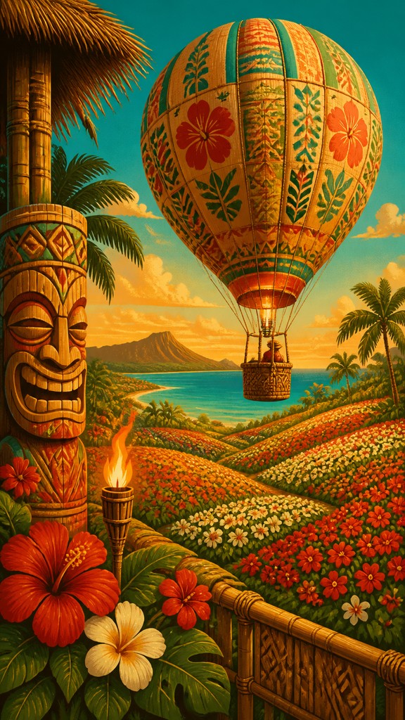 a hot air balloon drifting over rolling flower fields on a sunny day, cheerful, no text — Tiki Aesthetic greeting card