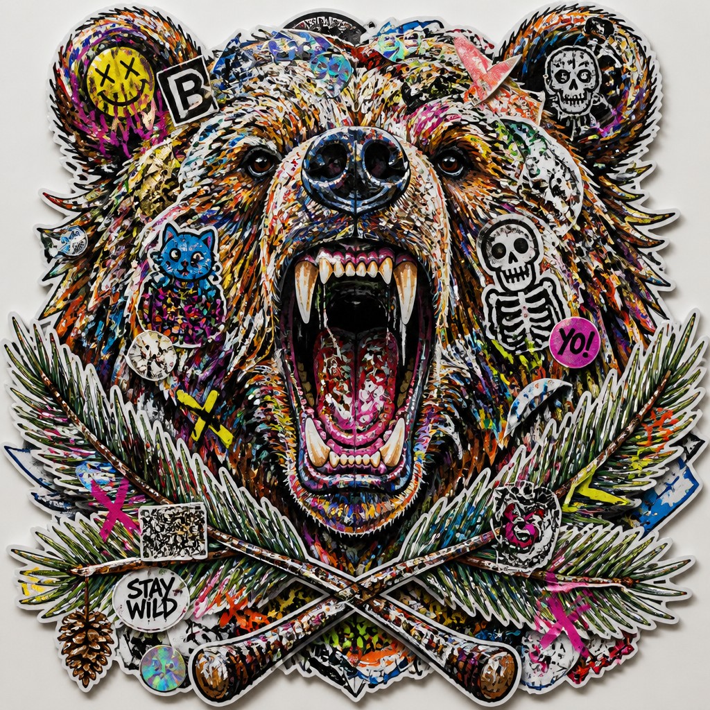 a roaring bear head above crossed pine branches, bold graphic composition on a plain background, no text — Sticker Bomb Street Art Style t-shirt design