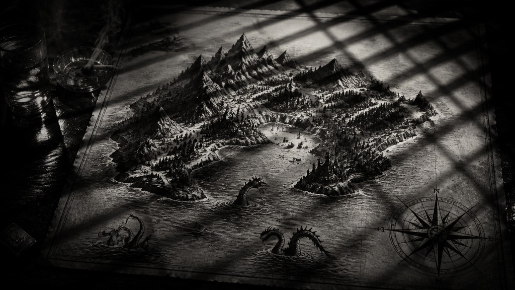 a map of an island realm with mountains, forests, a sheltered bay, sea monsters in the water and a compass rose, no text labels — Film Noir Aesthetic fantasy map