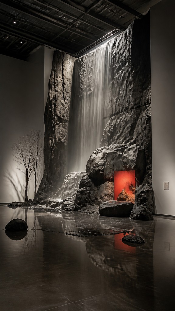 towering waterfall cascading down a cliff — Installation Conceptual Art Style