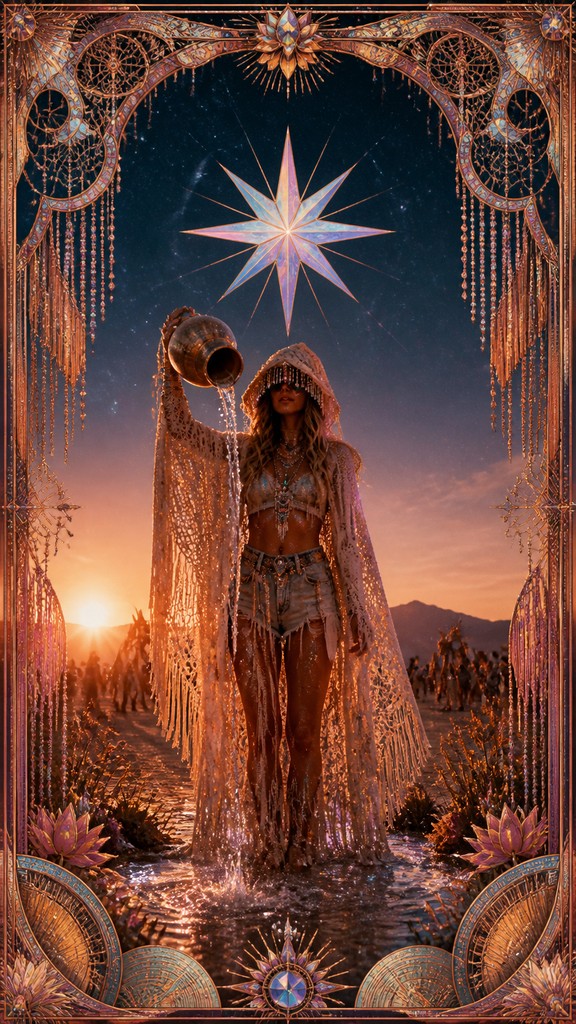 a robed figure pouring water beneath a large eight-pointed star in a night sky, symmetrical composition with an ornate decorative border, no text — Festival Fashion Style tarot card