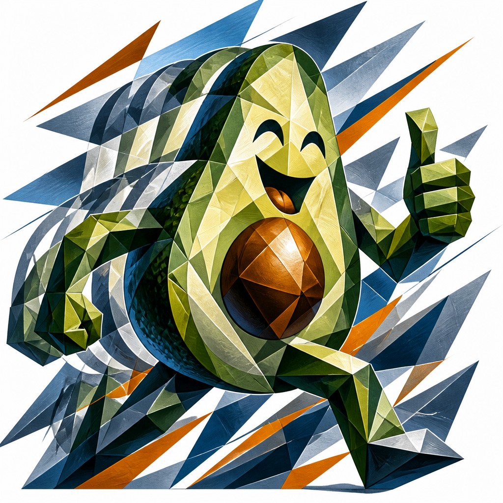 a happy avocado character giving a thumbs up, bold readable design on a plain background, no text — Cubo-Futurism Art Style sticker