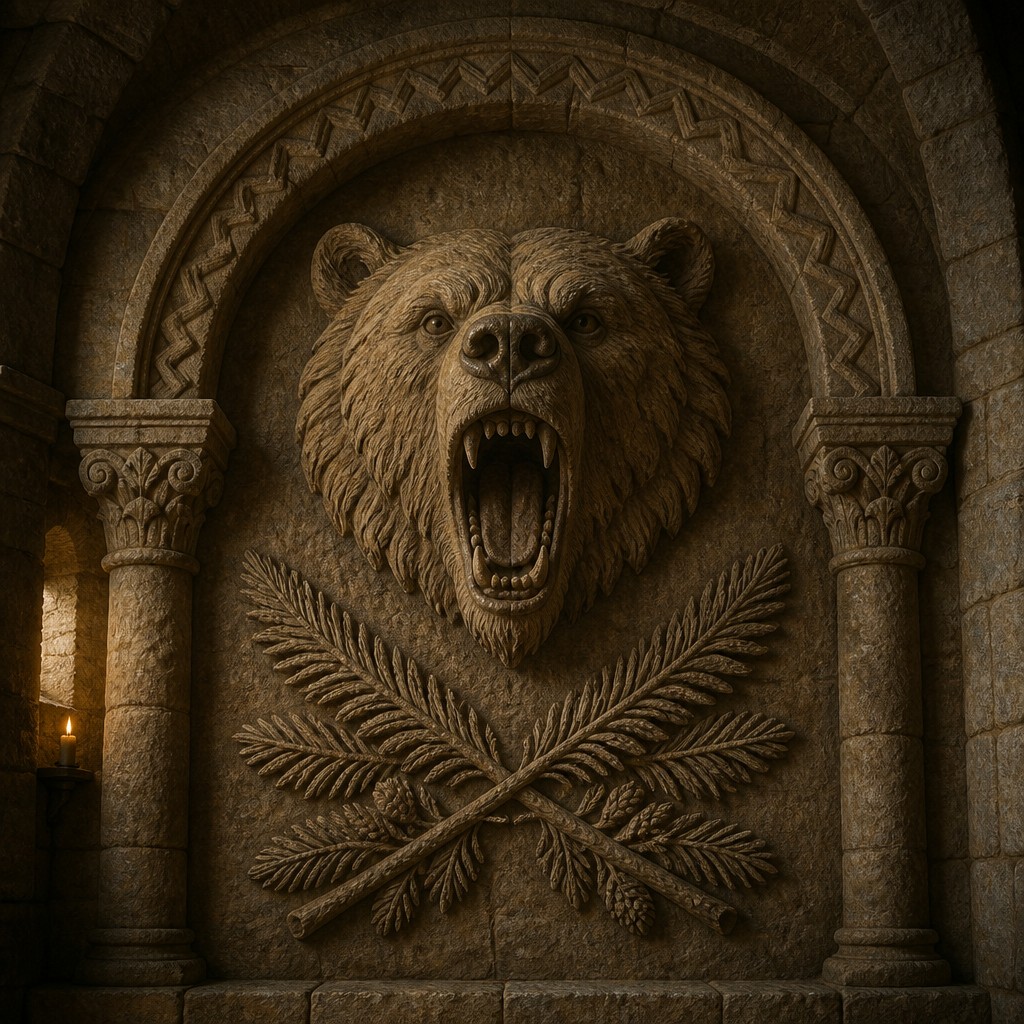 a roaring bear head above crossed pine branches, bold graphic composition on a plain background, no text — Romanesque Architecture t-shirt design