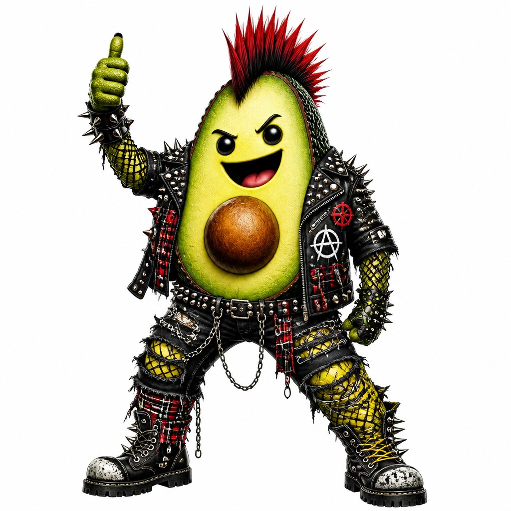 a happy avocado character giving a thumbs up, bold readable design on a plain background, no text — Punk Fashion Style sticker