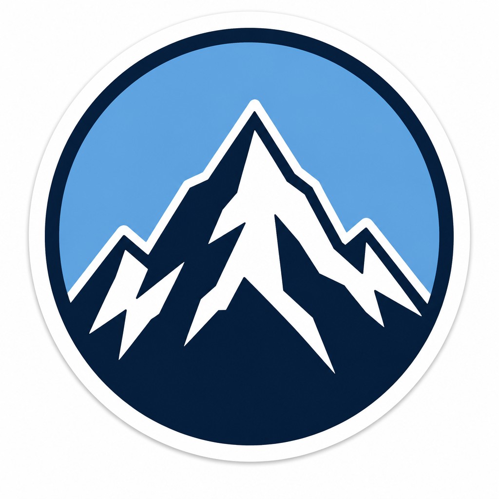 an emblem of a mountain peak inside a circle, simple bold shapes on a plain background, no text or lettering — Minimalist Sticker Design logo concept