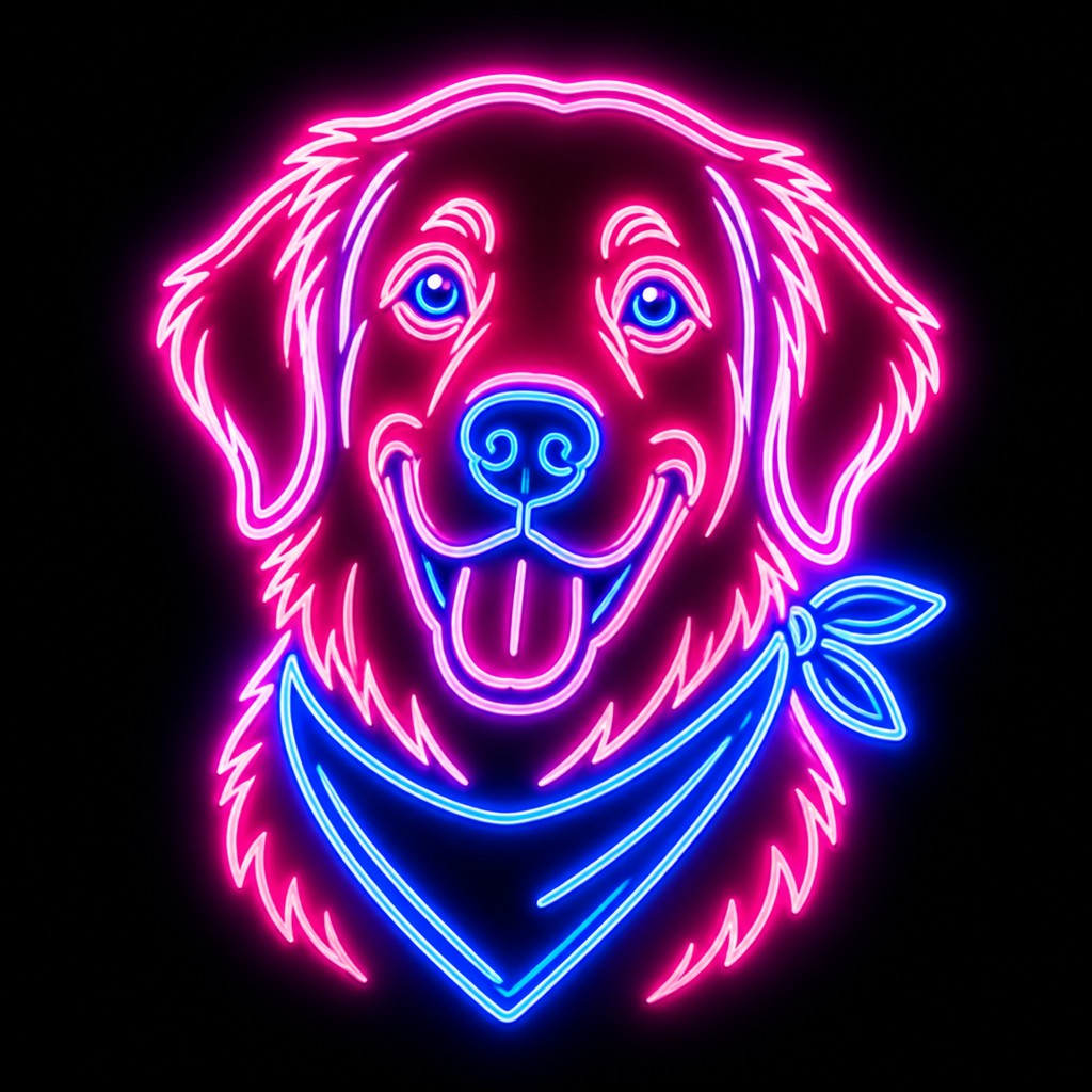 portrait of a golden retriever wearing a blue bandana, warm plain backdrop, no text — Neon Icon Design pet portrait
