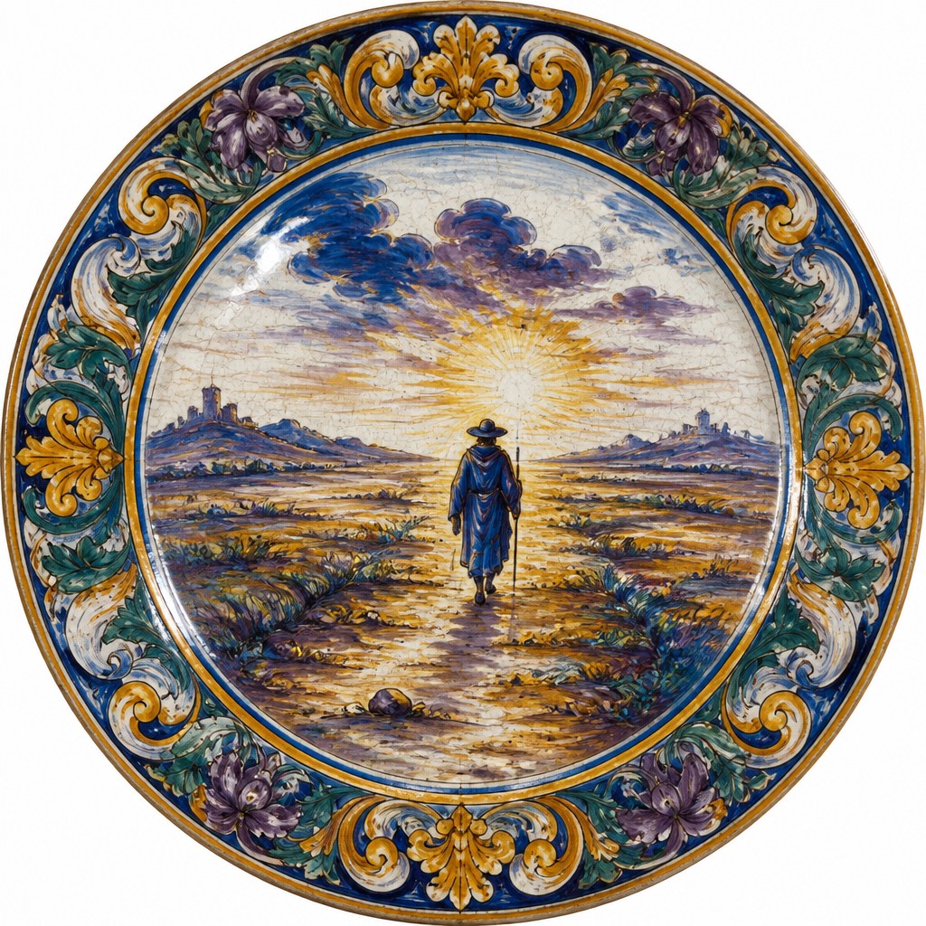 a solitary figure walking toward a glowing horizon across an empty plain, moody atmosphere, no text or lettering — Majolica Ceramic Art Style album cover