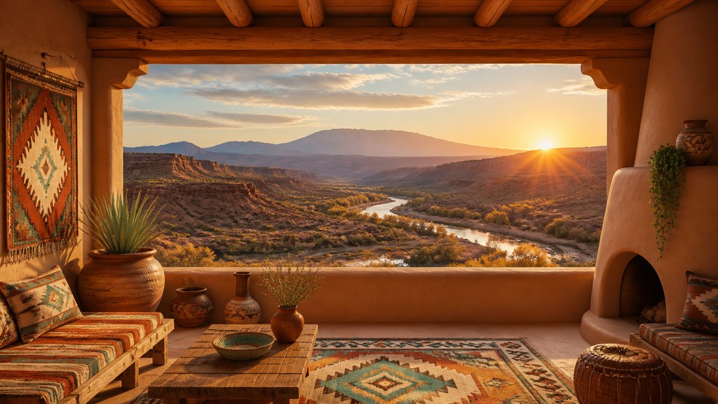a vast valley with a river winding toward distant mountains at sunrise, no people, no text — Southwestern Interior Design desktop wallpaper