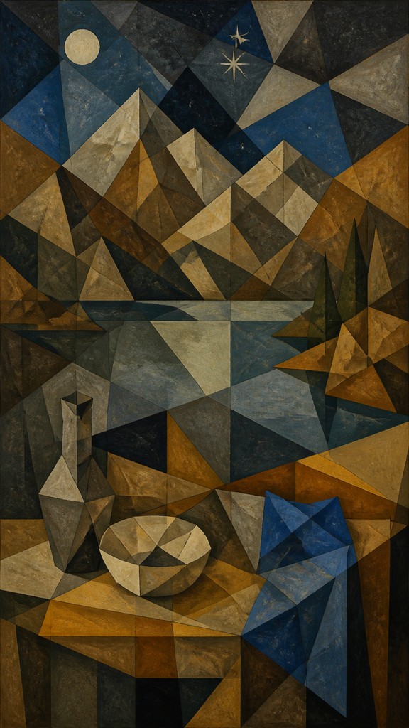 a tranquil mountain lake beneath a starry night sky, no people, no text — Cubist Still Life Art Style phone wallpaper