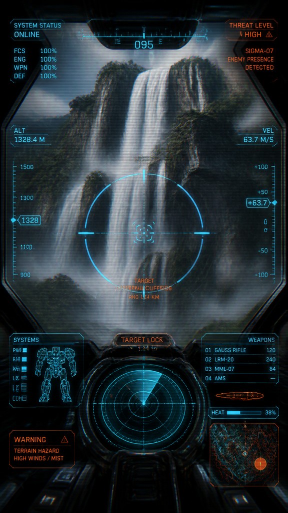 towering waterfall cascading down a cliff — Mecha Pilot Interface View
