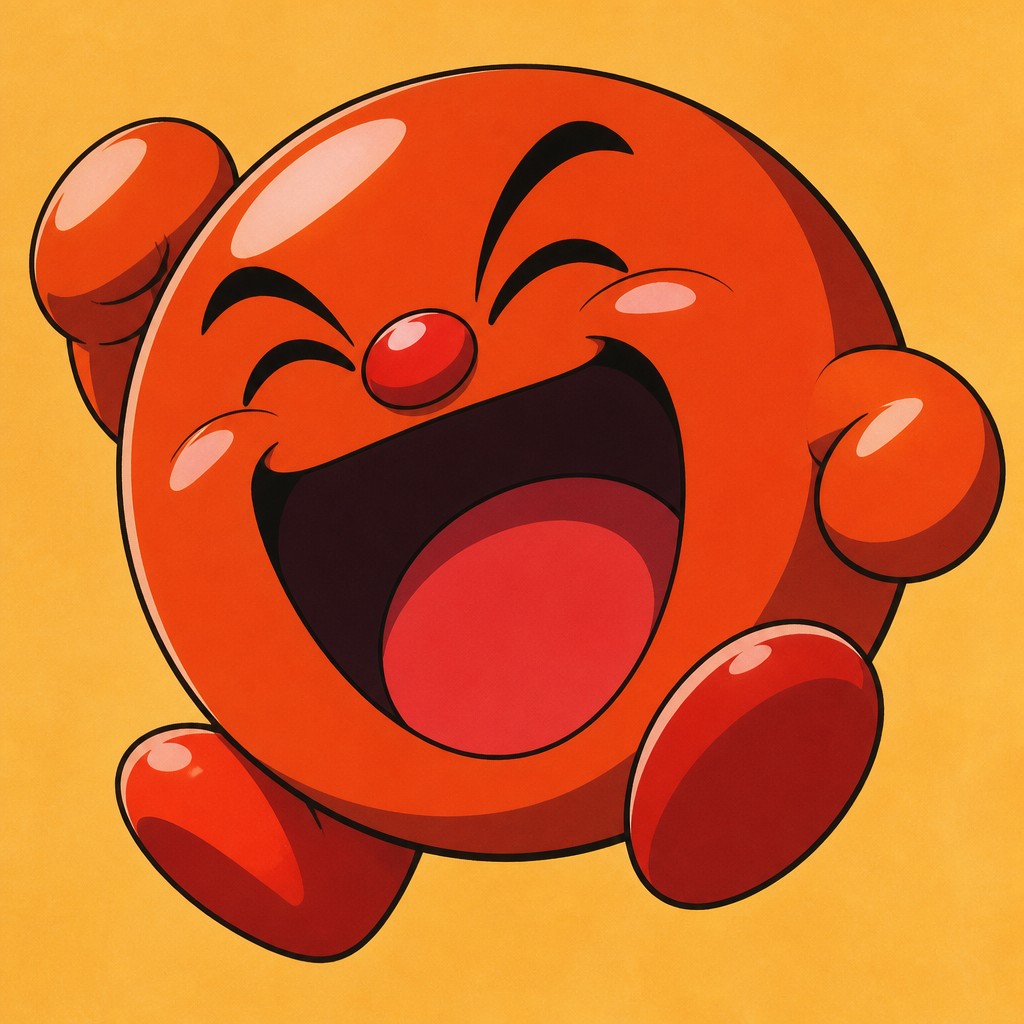 an exaggerated laughing face of an original round mascot character, bold and readable at small size, plain background, no text — Classic 90s Anime Art Style Twitch emote
