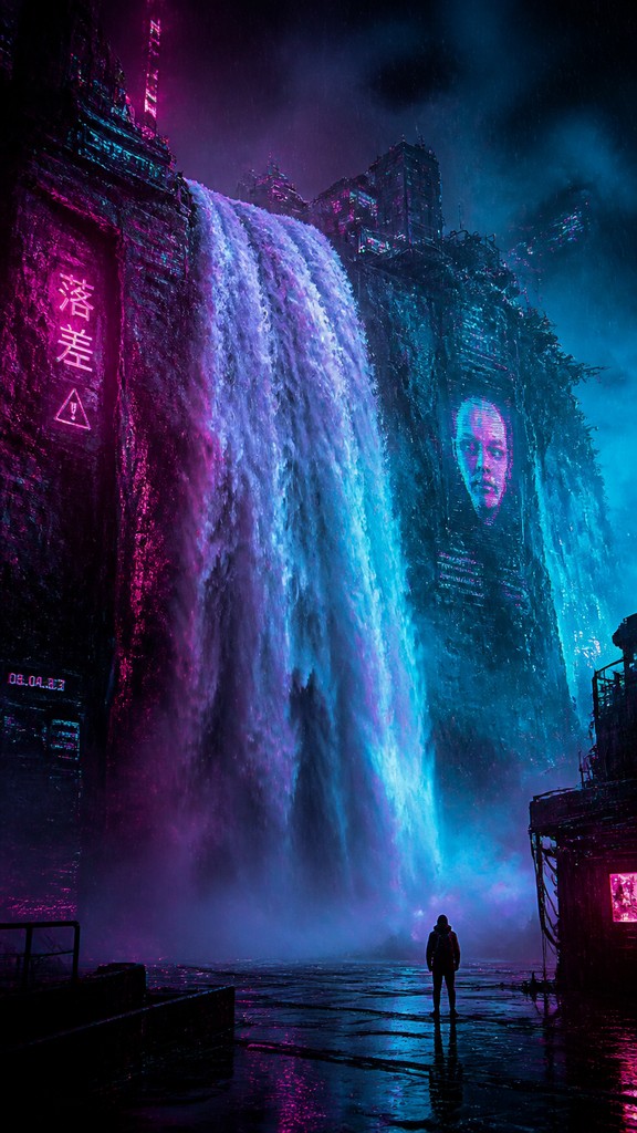 towering waterfall cascading down a cliff — Cyberpunk Sci-Fi Art