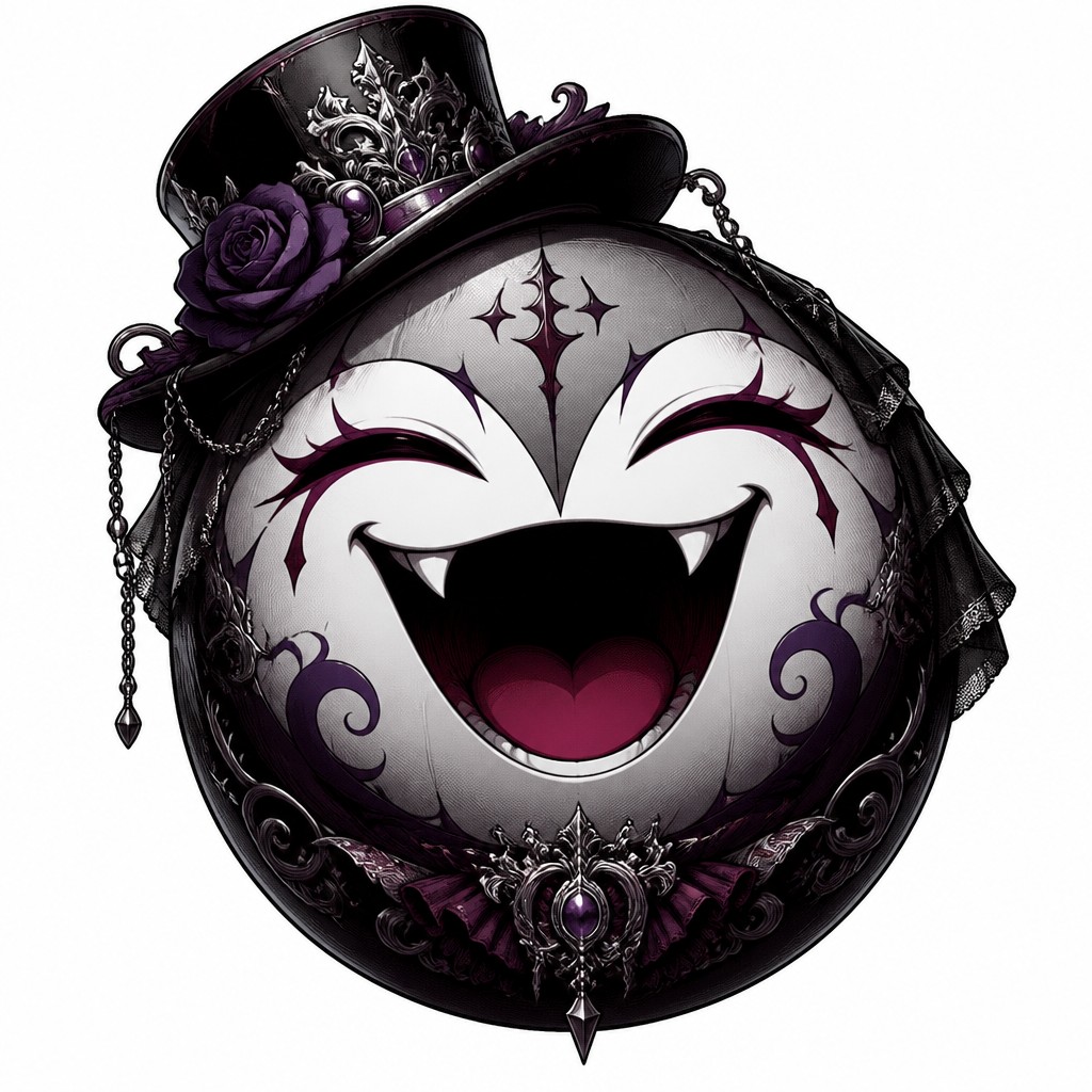 an exaggerated laughing face of an original round mascot character, bold and readable at small size, plain background, no text — Dark Gothic Anime Art Style Twitch emote