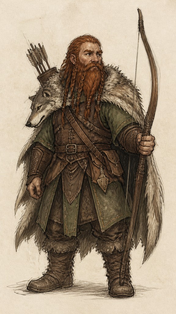 full-body original character: a dwarven ranger with a braided auburn beard, worn leather armor, a longbow and a wolf-pelt cloak, neutral background, no text — Hand-Drawn Icon Design tabletop character portrait