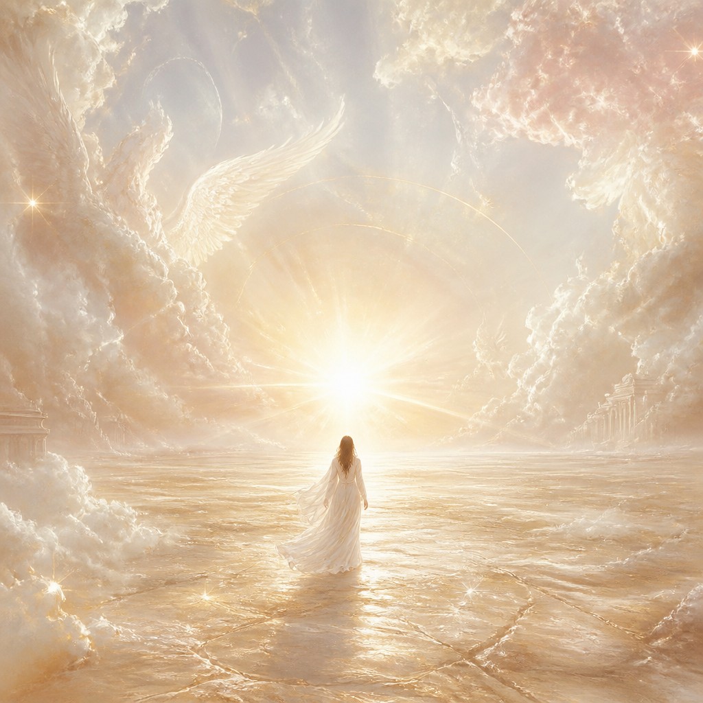 a solitary figure walking toward a glowing horizon across an empty plain, moody atmosphere, no text or lettering — Angelcore Aesthetic album cover