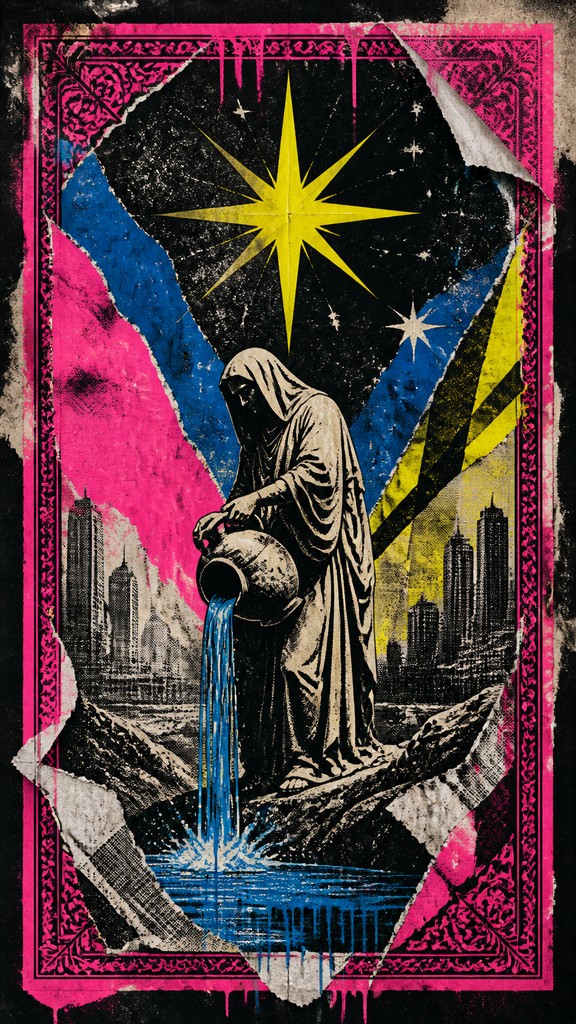 a robed figure pouring water beneath a large eight-pointed star in a night sky, symmetrical composition with an ornate decorative border, no text — Street Art Poster Design tarot card