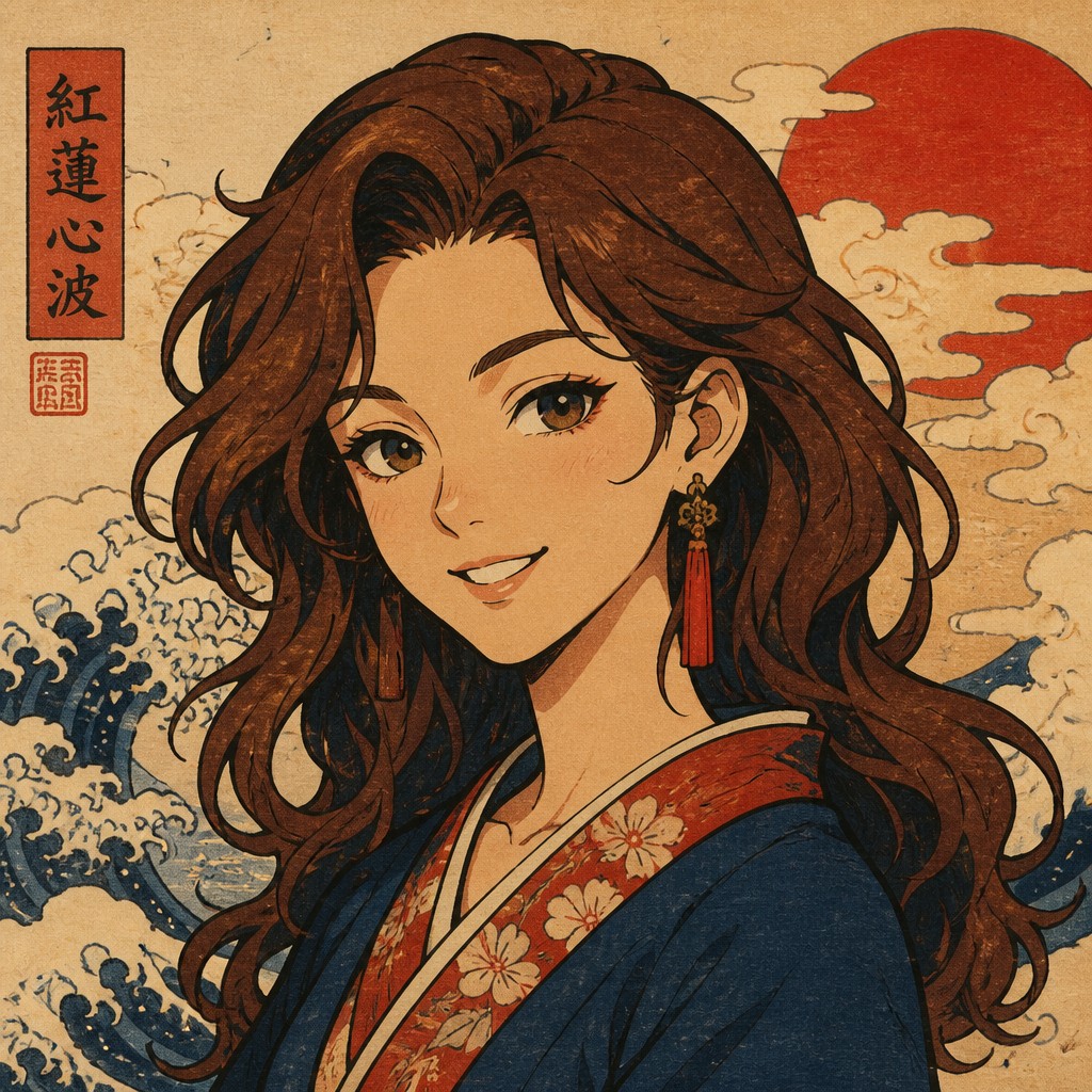 head-and-shoulders portrait of an original character: a young woman with wavy chestnut hair and a warm smile, plain soft backdrop — Ukiyo-e Anime Fusion Portrait profile picture