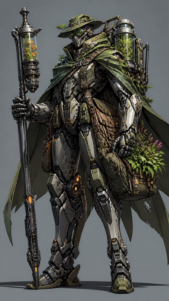 full-body original character: a wandering botanist with a satchel of plants, a patched green cloak, tall boots and round glasses, neutral background — Mecha Anime Art Style character design