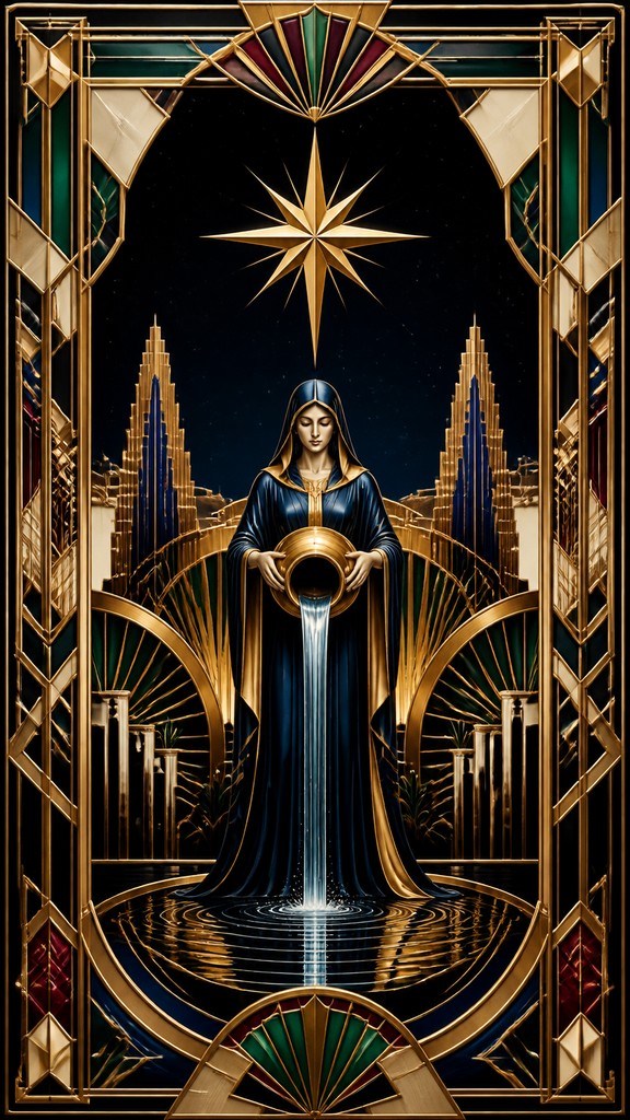 a robed figure pouring water beneath a large eight-pointed star in a night sky, symmetrical composition with an ornate decorative border, no text — Art Deco Style tarot card