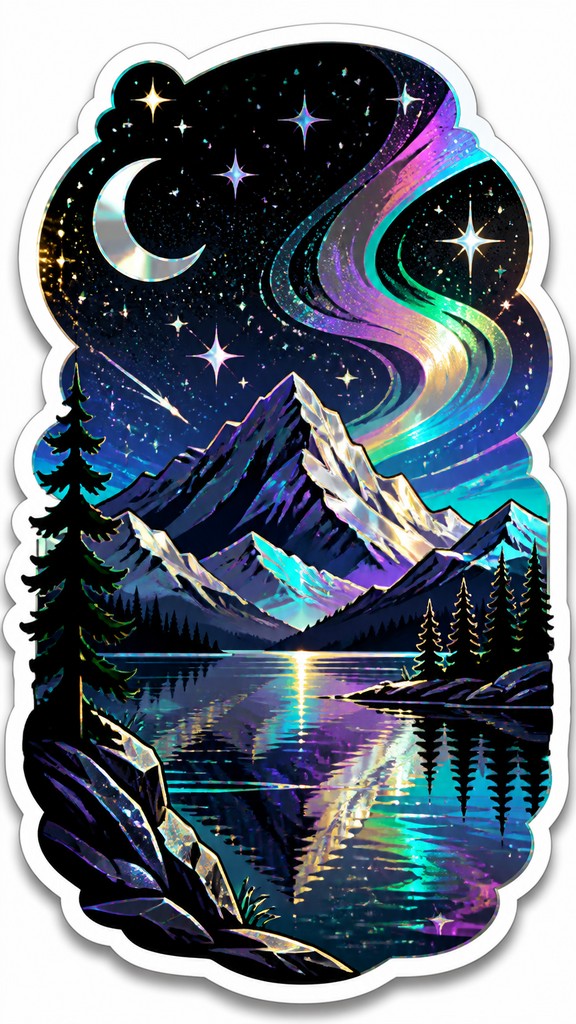 a tranquil mountain lake beneath a starry night sky, no people, no text — Holographic Sticker Design phone wallpaper
