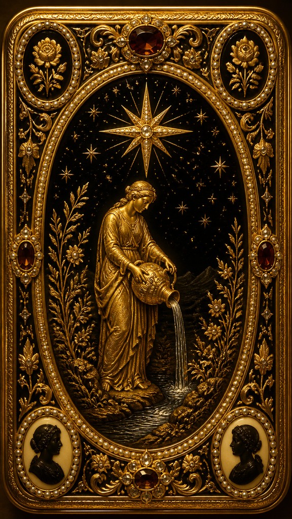 a robed figure pouring water beneath a large eight-pointed star in a night sky, symmetrical composition with an ornate decorative border, no text — Victorian Jewelry Design tarot card