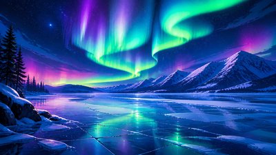 a sweeping aurora over a frozen lake, no people — Anime Art Style wallpaper
