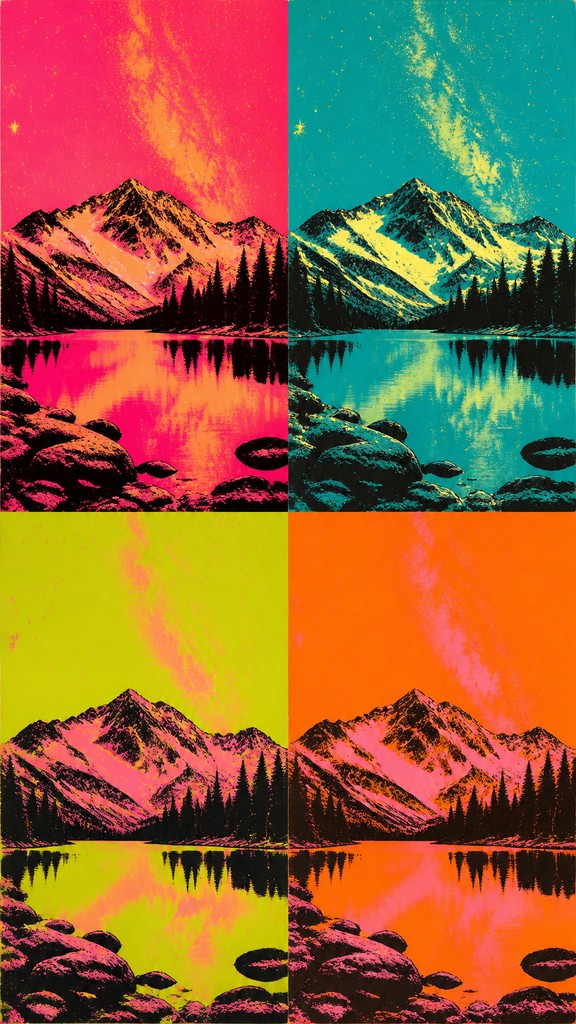 a tranquil mountain lake beneath a starry night sky, no people, no text — Celebrity Portrait Pop Art Style phone wallpaper