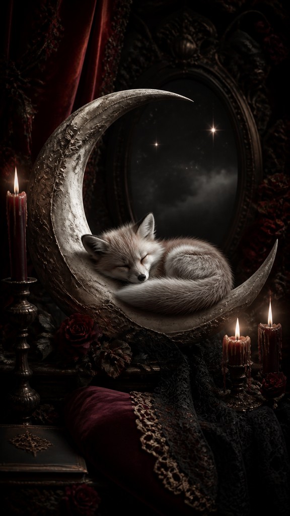 a sleeping baby fox curled on a crescent moon among soft stars, gentle and warm, no text — Vampirecore Aesthetic baby announcement