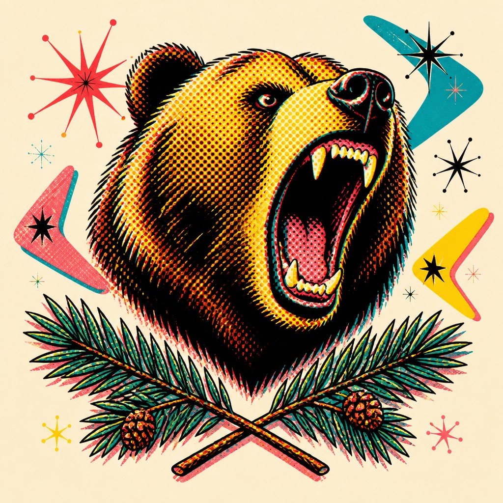 a roaring bear head above crossed pine branches, bold graphic composition on a plain background, no text — Retro Pop Art Style t-shirt design