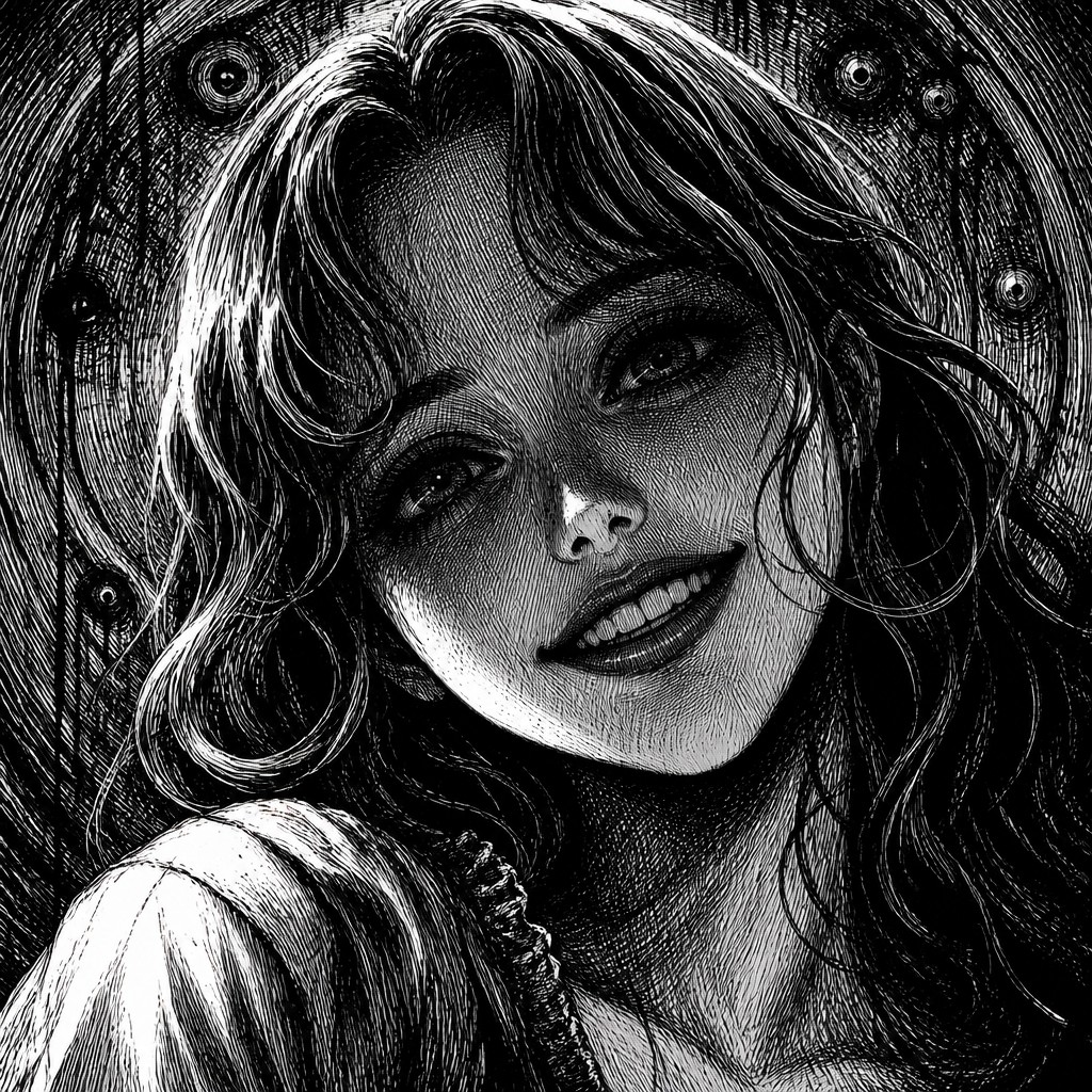 head-and-shoulders portrait of an original character: a young woman with wavy chestnut hair and a warm smile, plain soft backdrop — Horror Manga Art Style profile picture