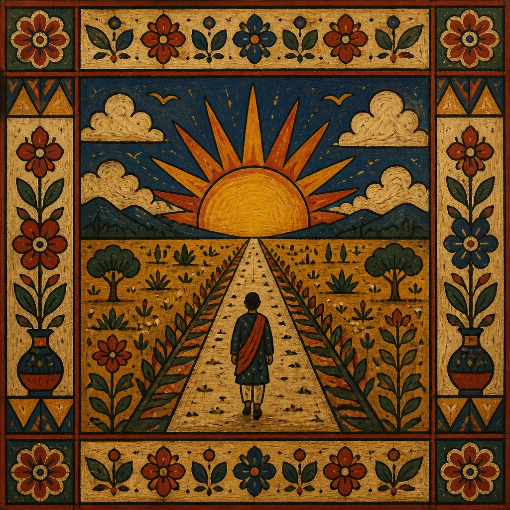 a solitary figure walking toward a glowing horizon across an empty plain, moody atmosphere, no text or lettering — Folk Art Style album cover