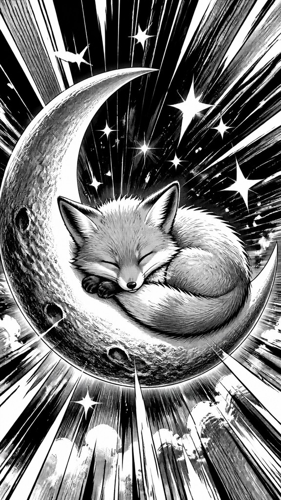 a sleeping baby fox curled on a crescent moon among soft stars, gentle and warm, no text — Sports Manga Art Style baby announcement