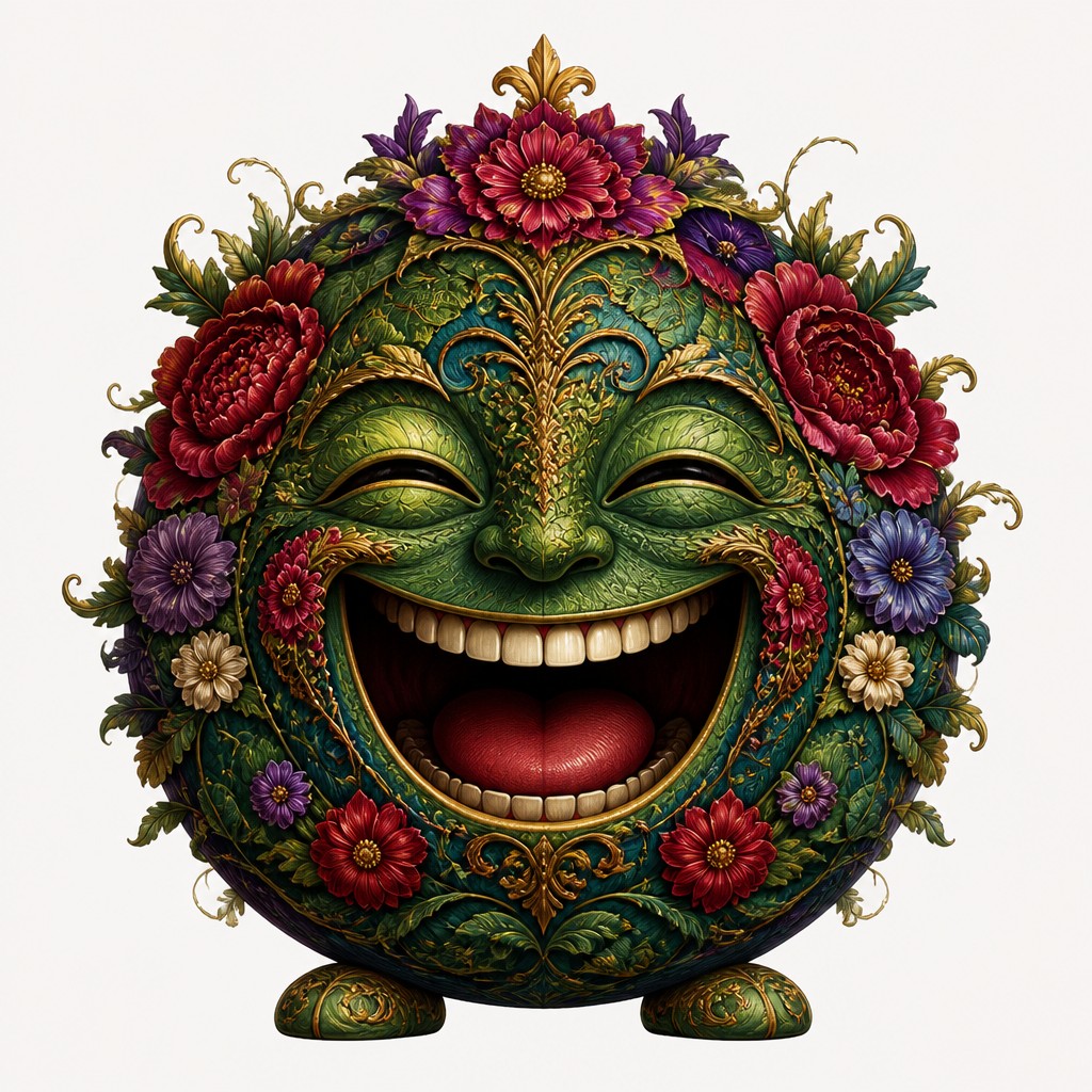 an exaggerated laughing face of an original round mascot character, bold and readable at small size, plain background, no text — Pre-Raphaelite Art Style Twitch emote