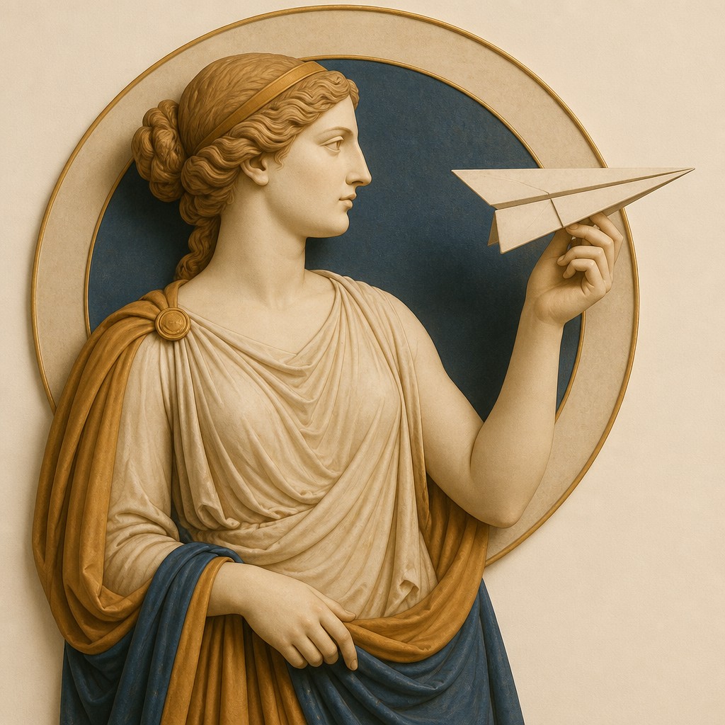 a paper plane, clean minimal composition on a plain background, no text — Ancient Greek Classical Art Style icon