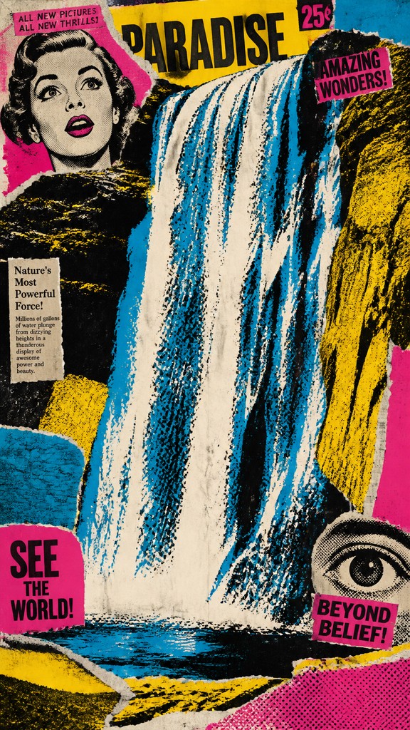 towering waterfall cascading down a cliff — Collage Pop Art Style