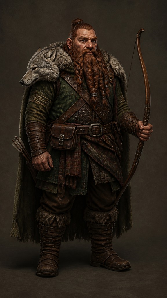 full-body original character: a dwarven ranger with a braided auburn beard, worn leather armor, a longbow and a wolf-pelt cloak, neutral background, no text — Rustic Cabin Interior Design tabletop character portrait