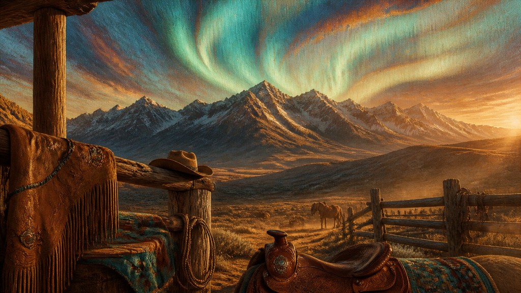 a flowing aurora over snowy peaks, wide sweeping composition, no people, no text — Cowboycore Aesthetic banner