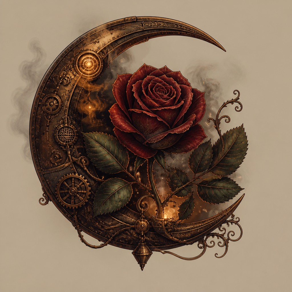 a rose entwined with a crescent moon, clean balanced composition on a plain background, no text — Steampunk Fantasy Art tattoo design