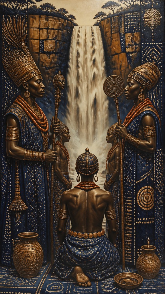 towering waterfall cascading down a cliff — Nigerian Art Style