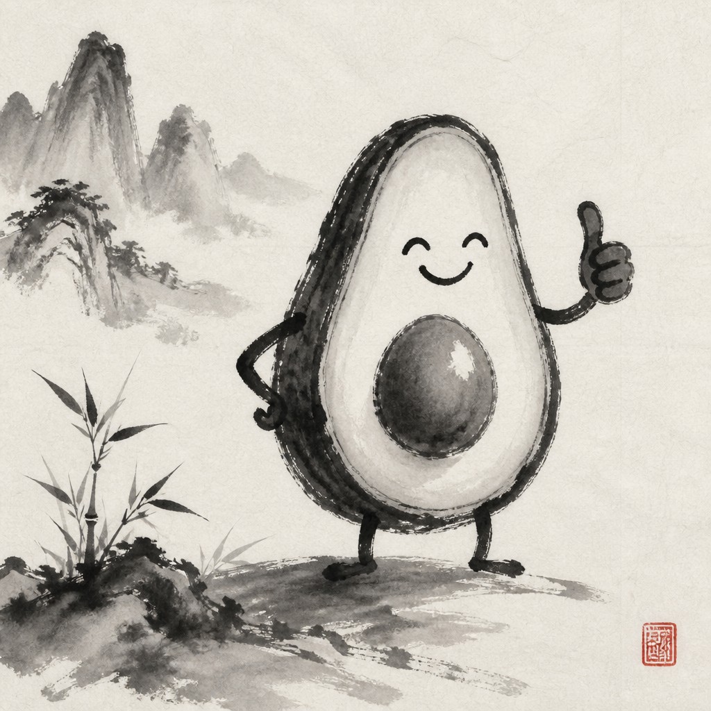 a happy avocado character giving a thumbs up, bold readable design on a plain background, no text — Traditional Chinese Landscape Art Style sticker