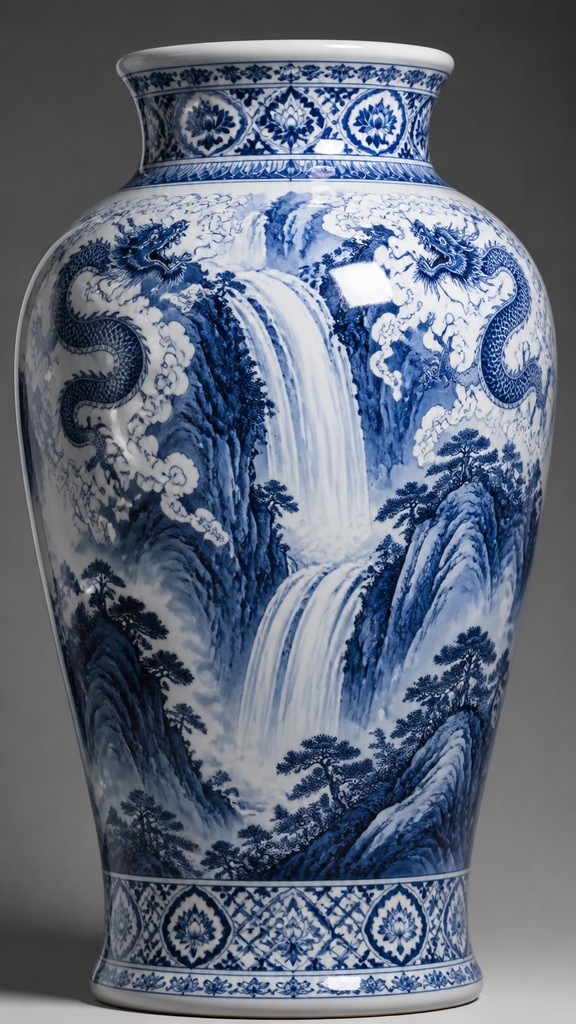 towering waterfall cascading down a cliff — Ming Porcelain Art Style