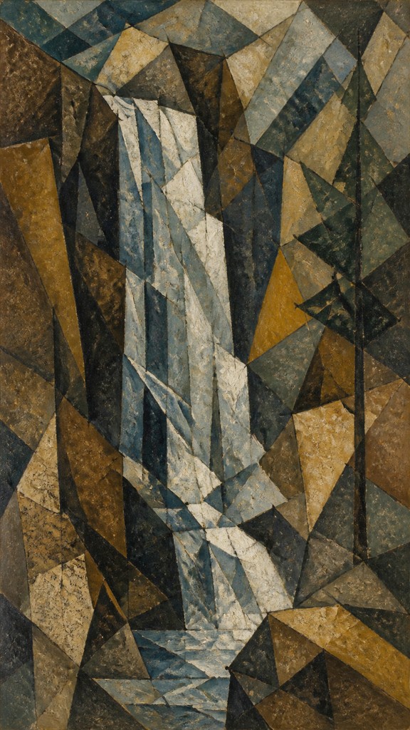 towering waterfall cascading down a cliff — Cubism Art Style