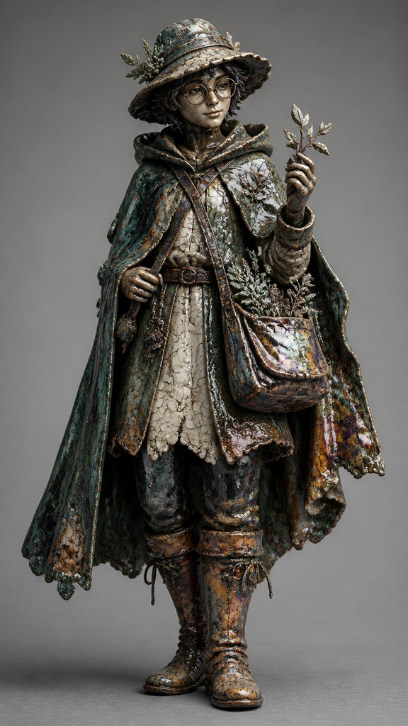 full-body original character: a wandering botanist with a satchel of plants, a patched green cloak, tall boots and round glasses, neutral background — Japanese Raku Ceramic Art Style character design