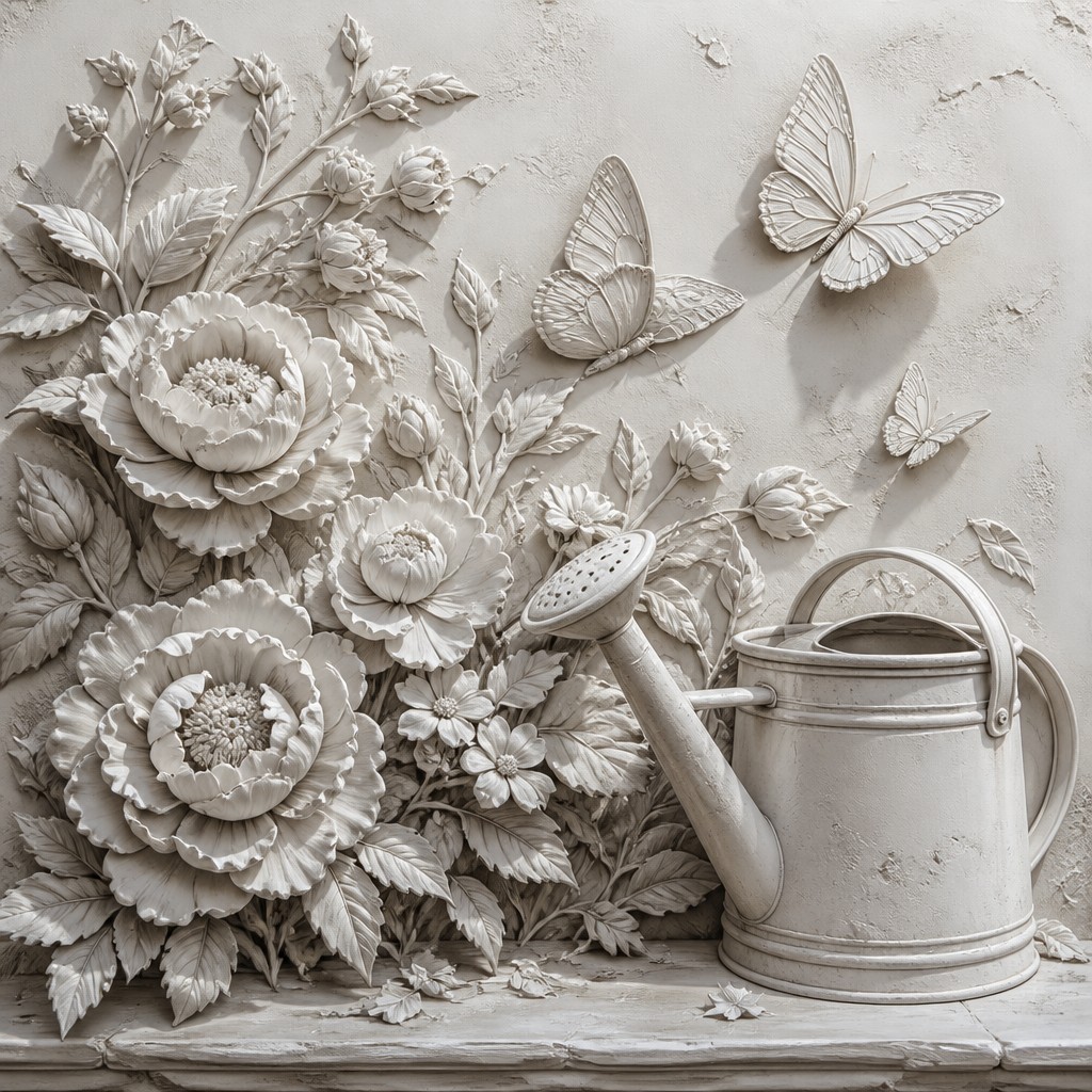 a garden scene with butterflies, flowers and a watering can, clean uncolored line art, no text — Trompe L'oeil Realism Art Style coloring page