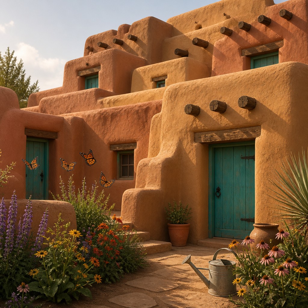 a garden scene with butterflies, flowers and a watering can, clean uncolored line art, no text — Adobe Pueblo Architecture coloring page