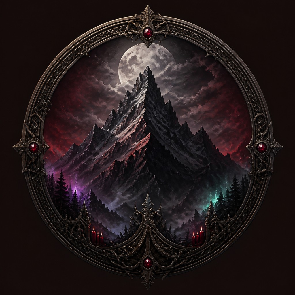 an emblem of a mountain peak inside a circle, simple bold shapes on a plain background, no text or lettering — Gothic Fantasy Art logo concept